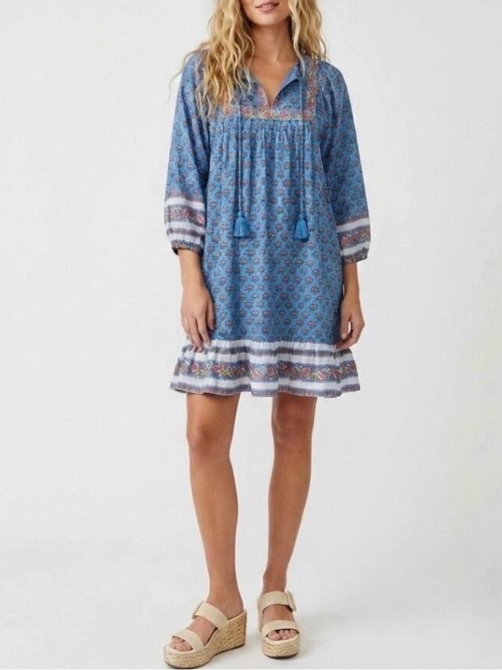 Cleobella Magdalena blue floral printed mini tunic dress